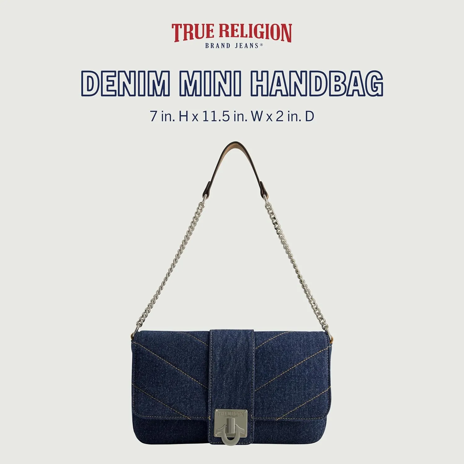 True Religion Women's Denim Shoulder Bag Purse, Mini Handbag with Chain Strap