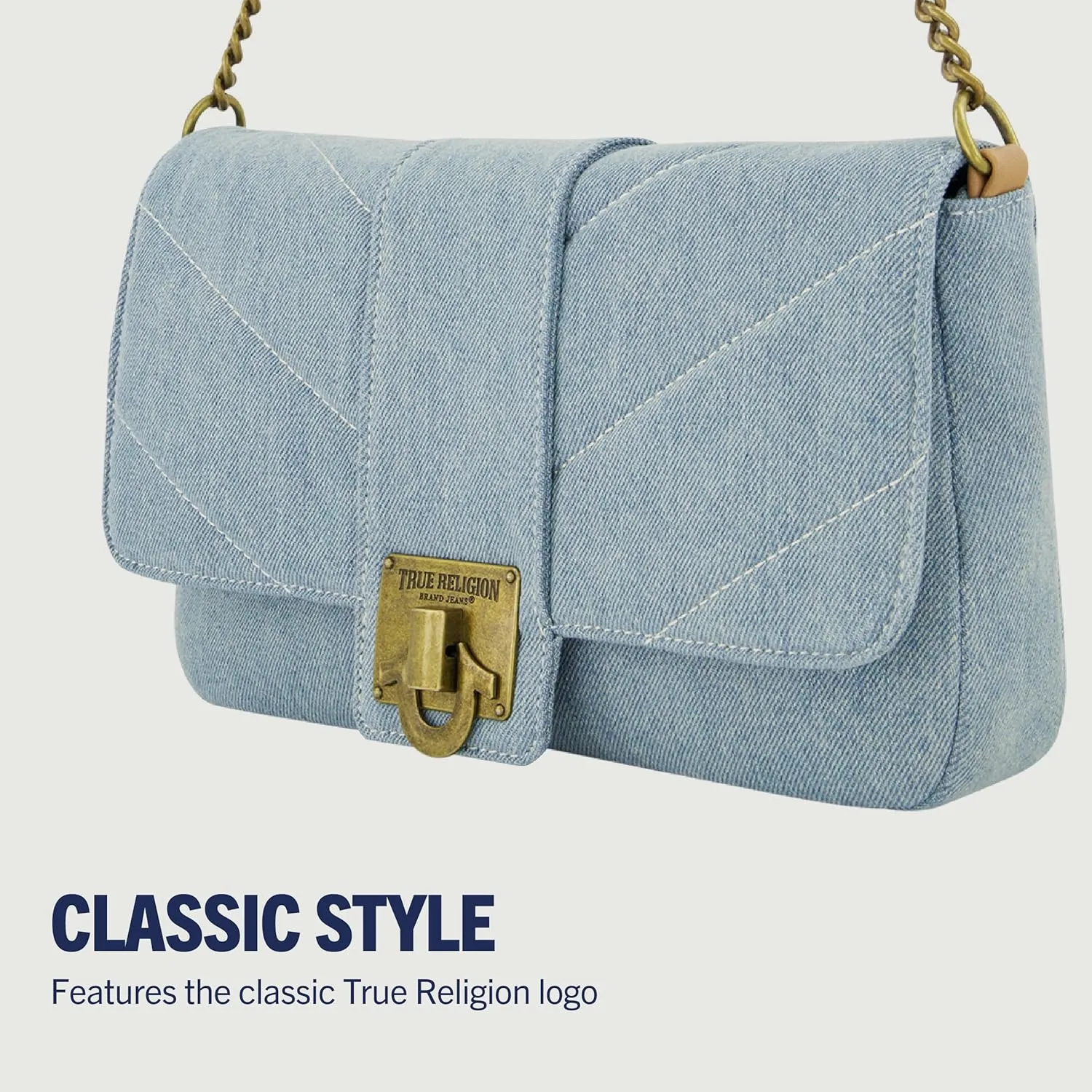 True Religion Women's Denim Shoulder Bag Purse, Mini Handbag with Chain Strap