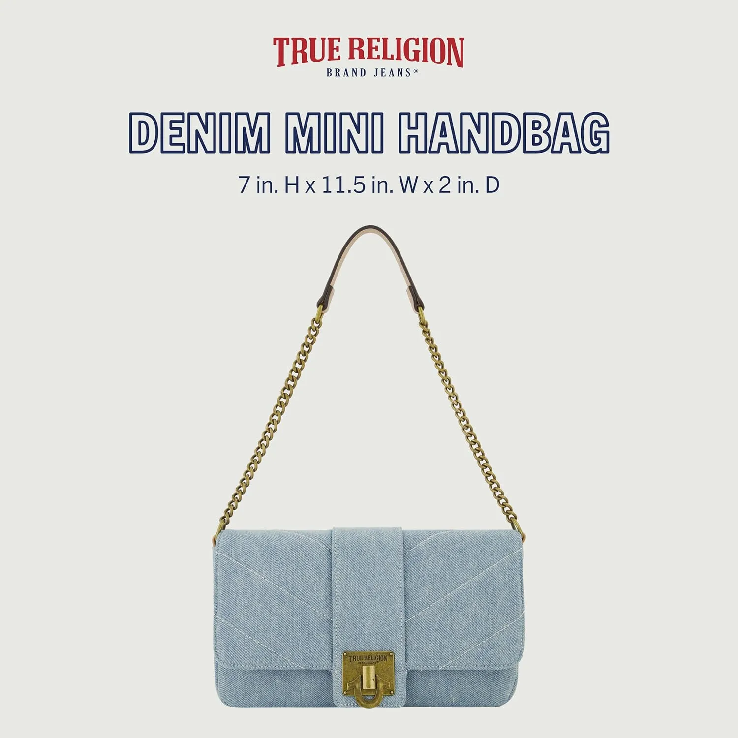 True Religion Women's Denim Shoulder Bag Purse, Mini Handbag with Chain Strap