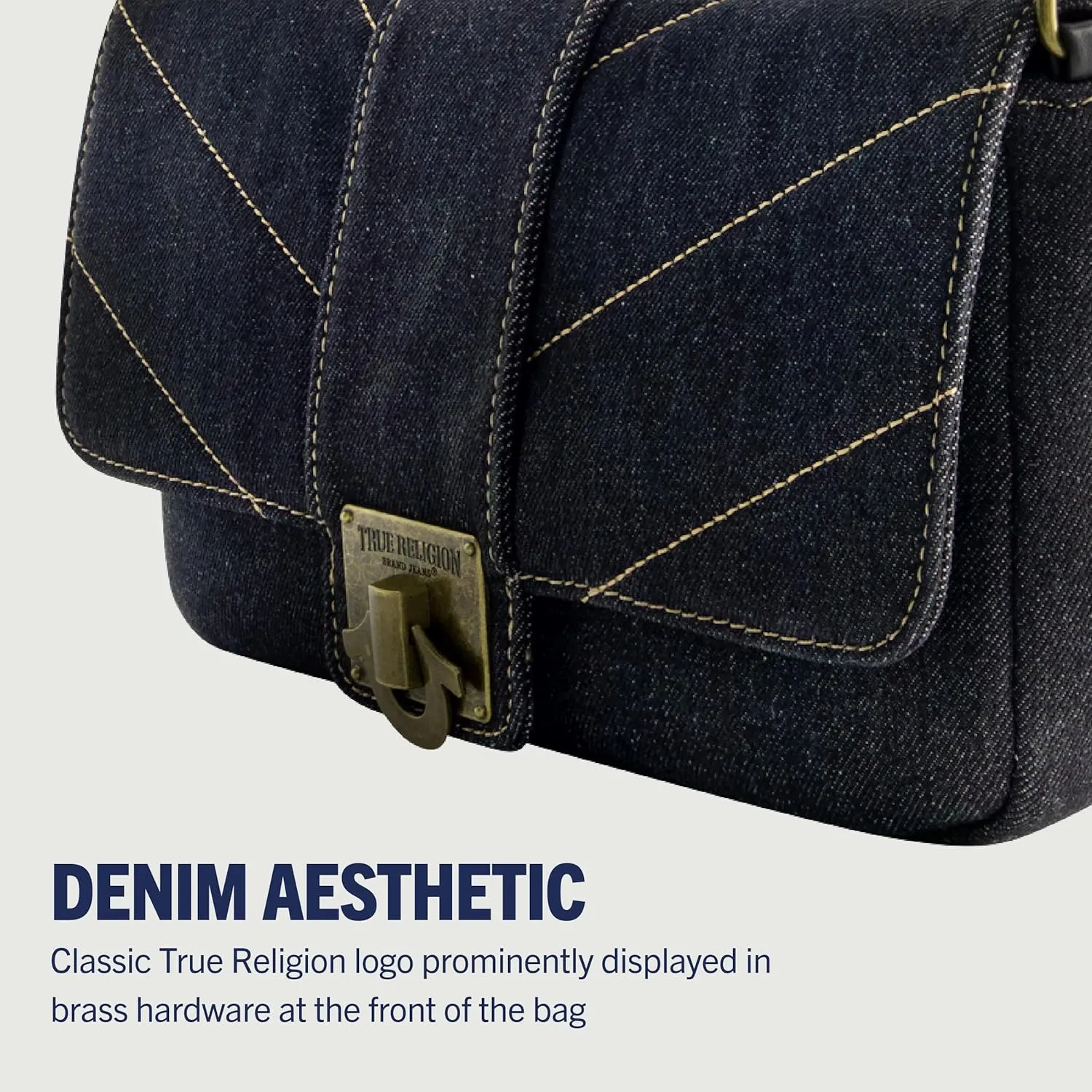 True Religion Women's Denim Shoulder Bag Purse, Mini Handbag with Chain Strap
