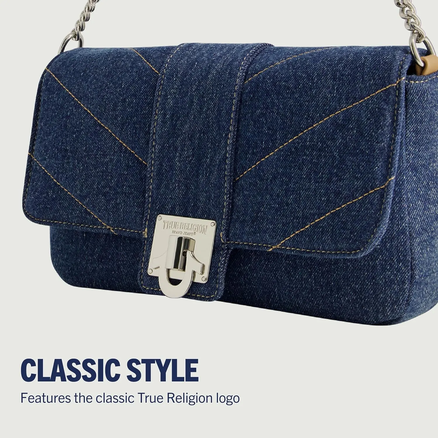 True Religion Women's Denim Shoulder Bag Purse, Mini Handbag with Chain Strap