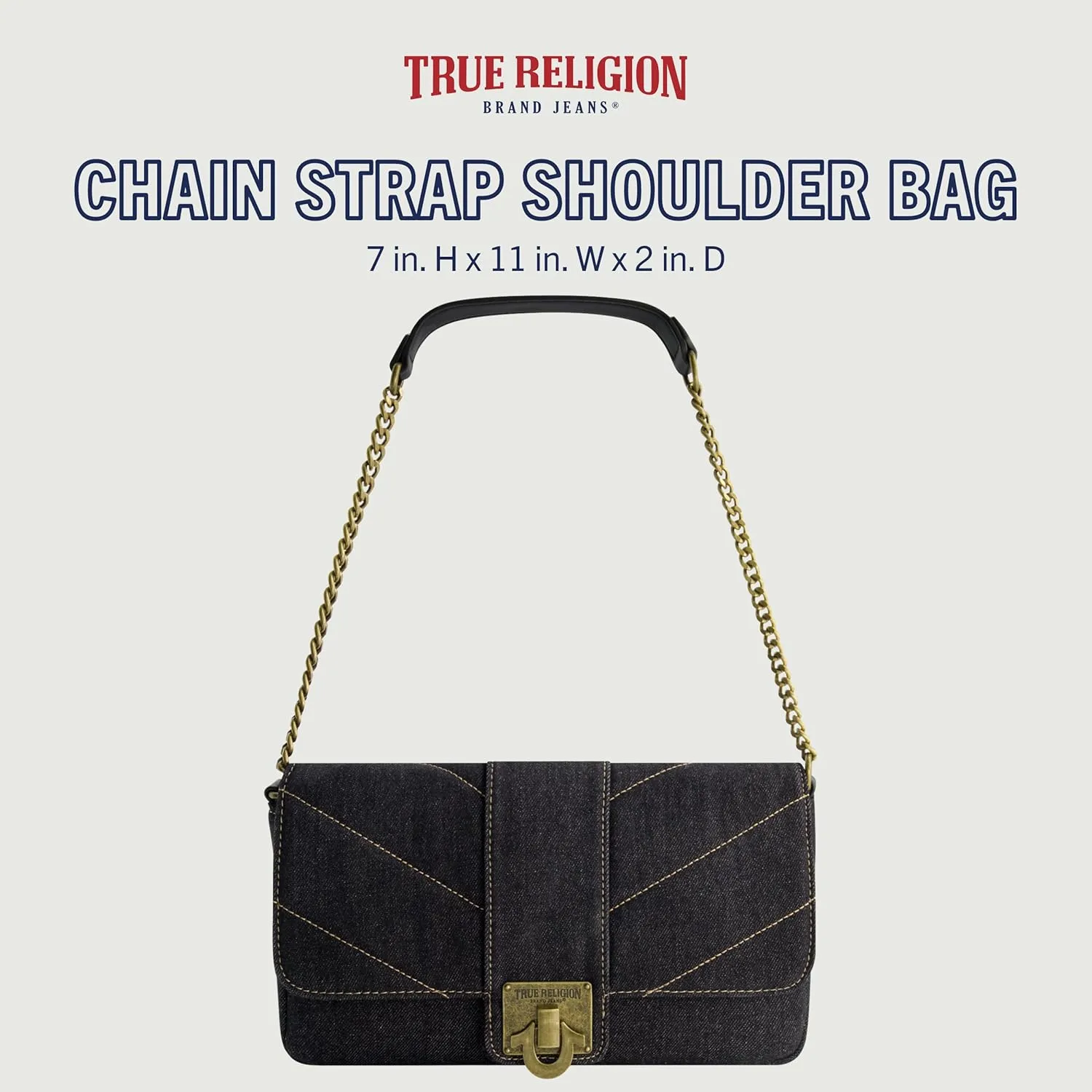 True Religion Women's Denim Shoulder Bag Purse, Mini Handbag with Chain Strap