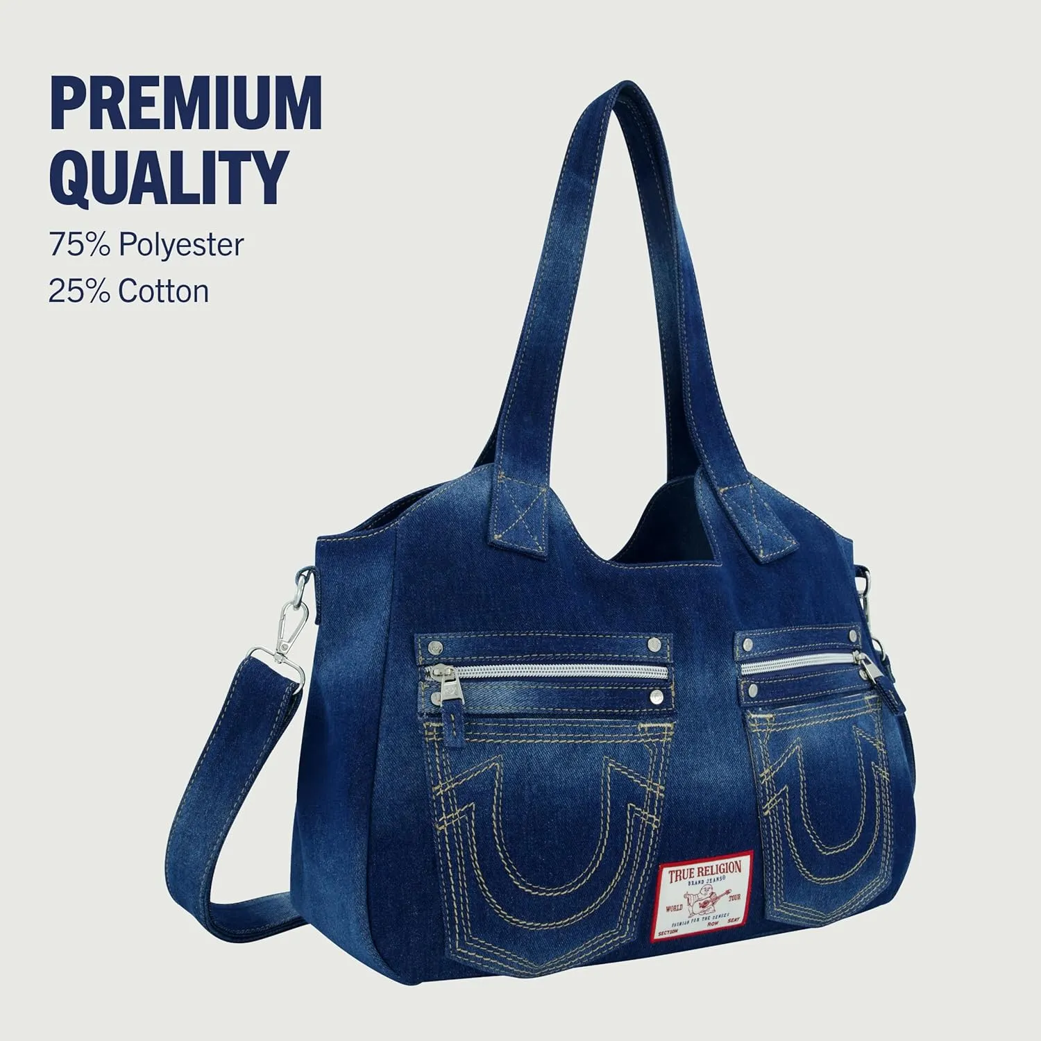 True Religion Women's Satchel Bag, Crossbody Purse Handbag with Horseshoe Logo Stitching