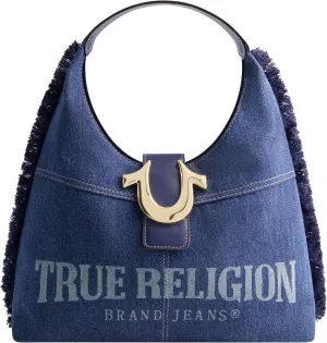 True Religion Women's Shoulder Bag Purse, Frayed Denim Medium Hobo Handbag with Horseshoe Logo