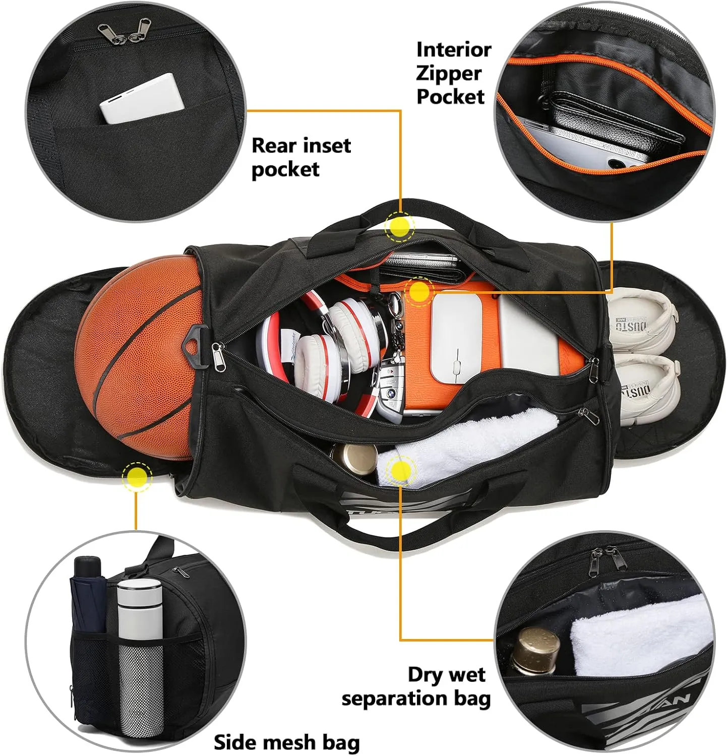 TUGUAN Gym Bag for Men Women with Wet Pocket & Shoe Compartment Travel Duffle Bag Man Sport Basketball Football Bag Weekend Overnight Duffel Bag Gym Tote bag 40L, Black