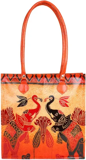 Twin Royal Elephants Design Ethnic Hand Embossed Shantiniketan Leather Indian Shoulder Bag