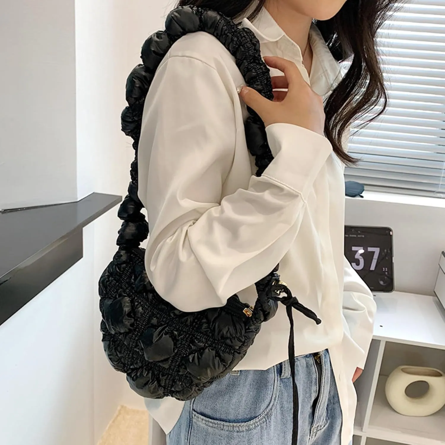 TWO KAT Metallic Quilted Shoulder Tote Purse Adjustable Strap Women, Puffer Hobo Crossbody Handbag, Lightweight Sling Bags