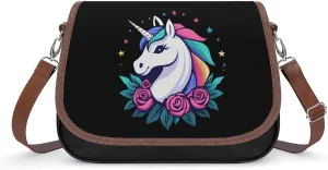 Unicorm with Flowers Crossbody Bags for Women Shoulder Bag Flap Handbags Leather Cross Body Purse