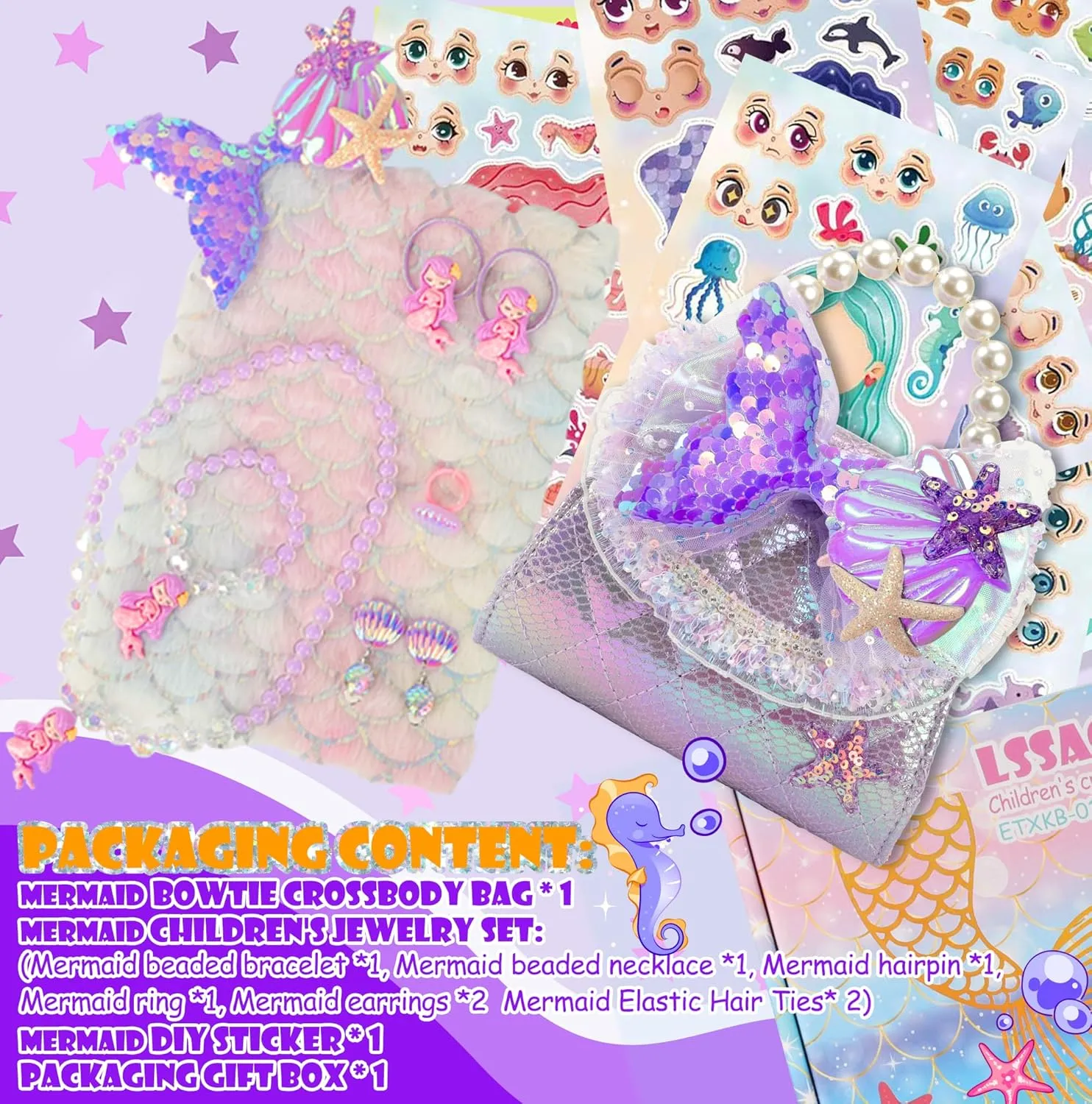 Unicorn Mermaid Purse for Little Girls,Toddler Handbag with Kids Dress up Jewelry Set,Gifts for Birthday Xmas