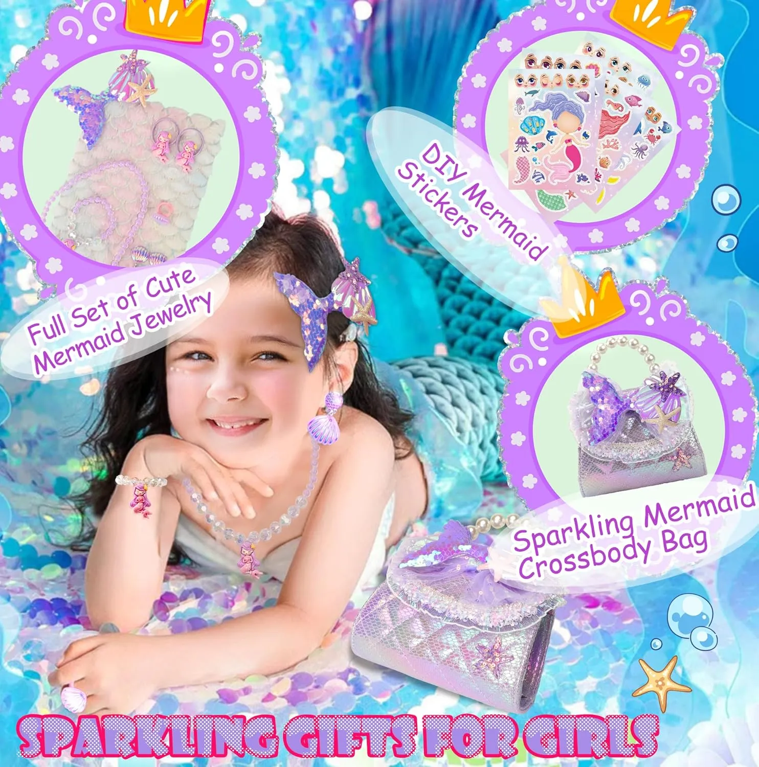 Unicorn Mermaid Purse for Little Girls,Toddler Handbag with Kids Dress up Jewelry Set,Gifts for Birthday Xmas