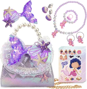 Unicorn Mermaid Purse for Little Girls,Toddler Handbag with Kids Dress up Jewelry Set,Gifts for Birthday Xmas