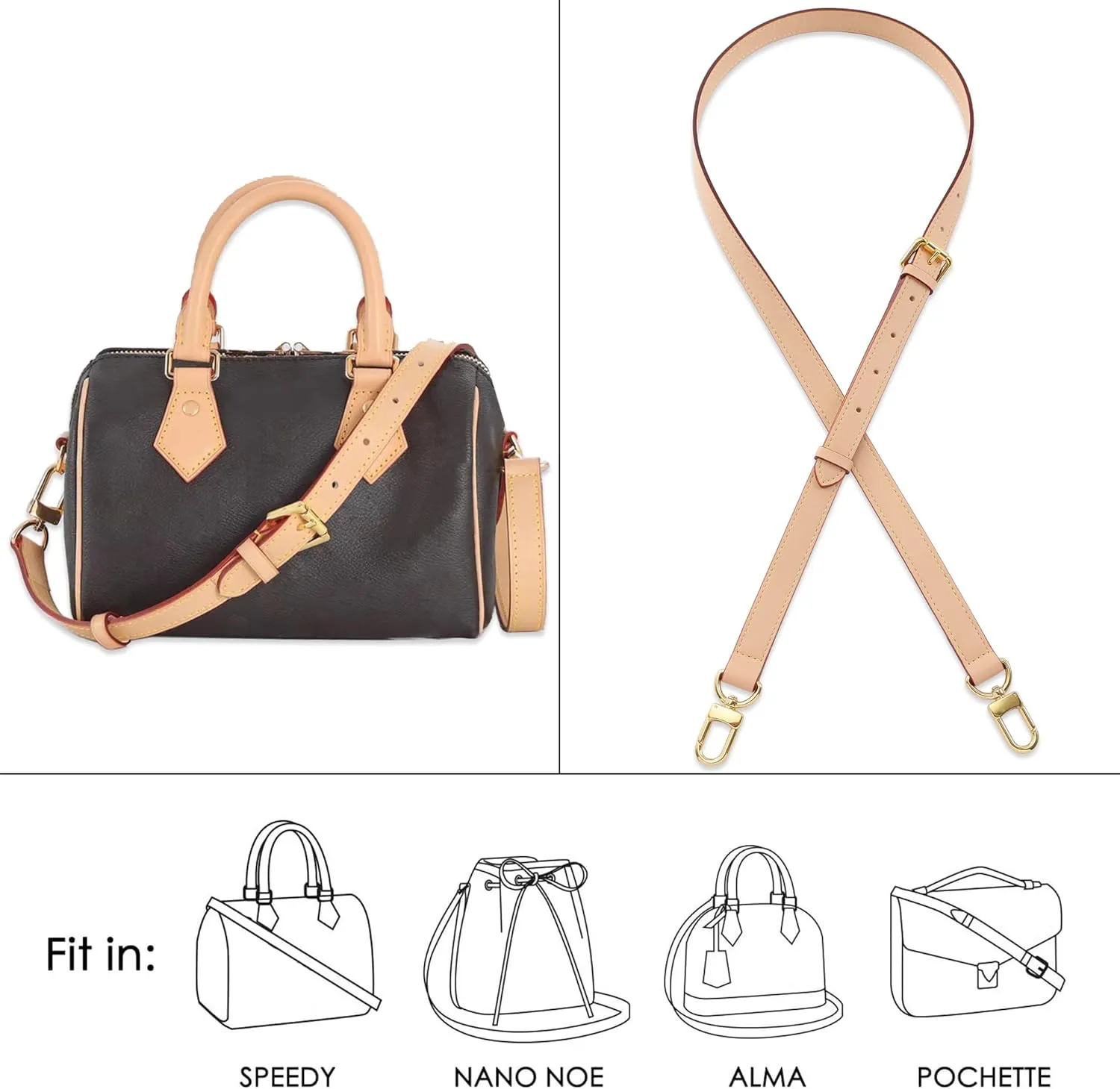 Vachetta Leather Strap Adjustable Crossbody Strap for Small Bags Pochette Mini NM Eva Favorite PM MM Nano Speedy