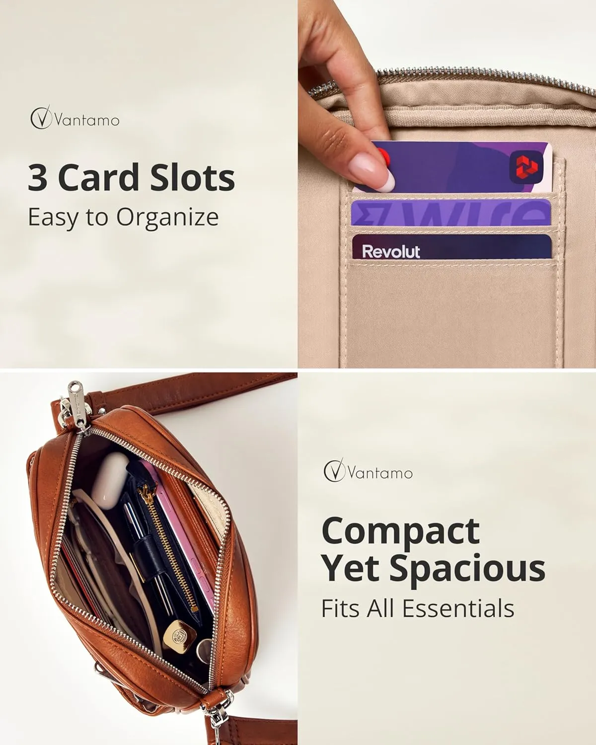 Vantamo Crossbody Bags For Women with Adjustable Strap, Premium PU Leather Purses for Women, Anti-Pickpocket Clip & Gift Box
