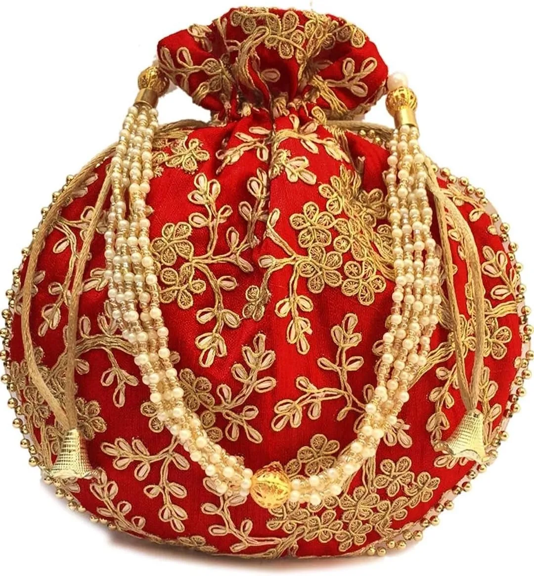 Vedanta Craft Women’s Indian Ethnic Designer Silk Potli Bags | Pearls Sequin Embroidered Rajasthani Batwa Purse, Clutch with Drawstring (Pack of 2)