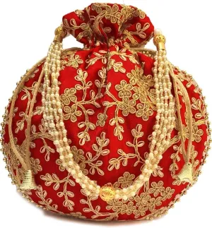 Vedanta Craft Women’s Indian Ethnic Designer Silk Potli Bags | Pearls Sequin Embroidered Rajasthani Batwa Purse, Clutch with Drawstring (Pack of 2)