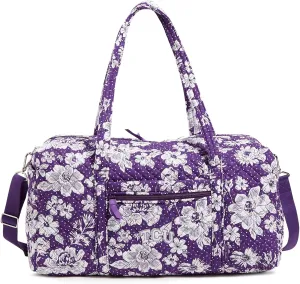 Vera Bradley Cotton Collegiate Large Travel Duffle Bag (Multiple Teams Available), Purple/White Rain Garden with Texas Christian University