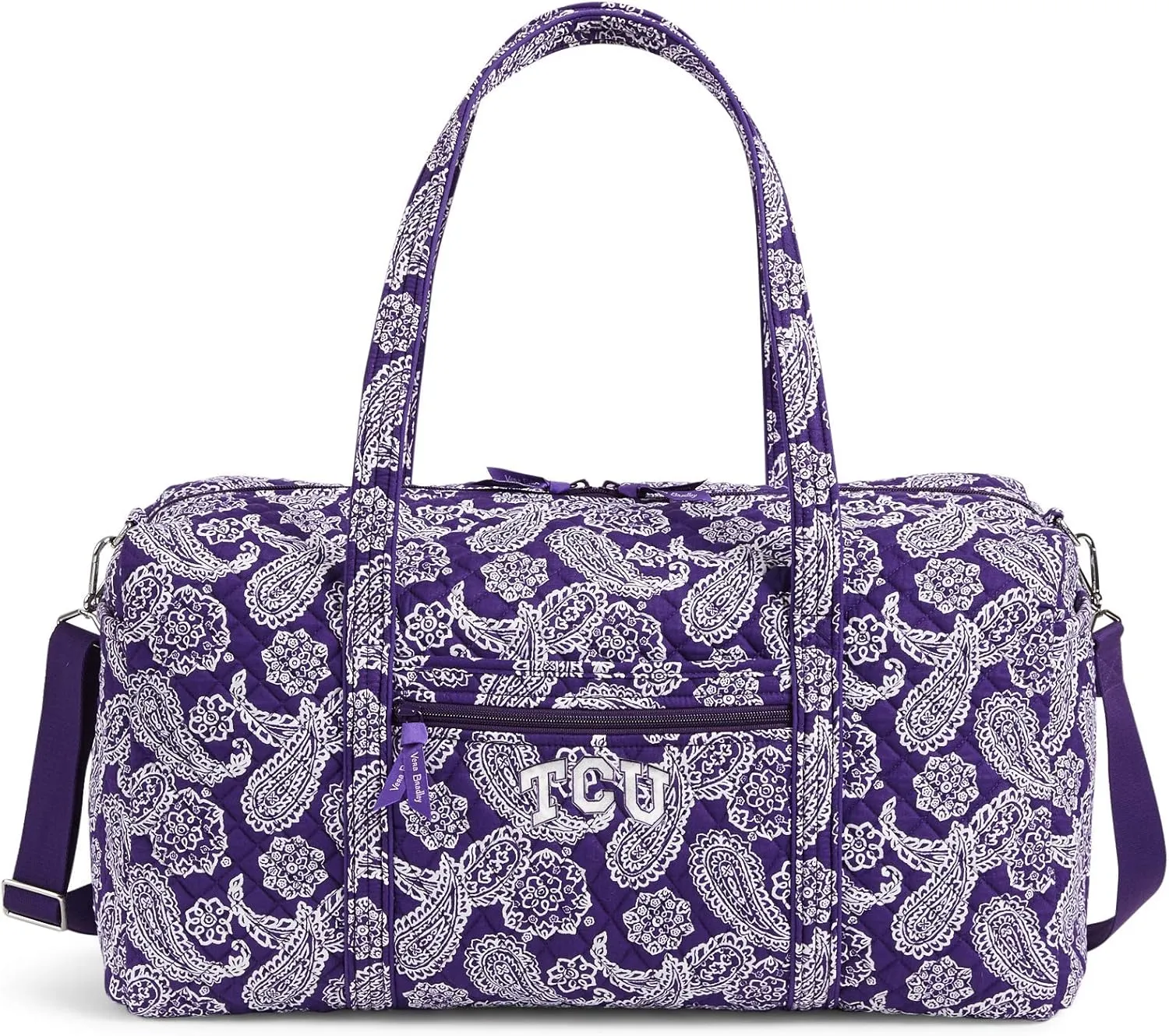 Vera Bradley Women's Cotton Collegiate Large Travel Duffle Bag (Multiple Teams Available), Texas Christian University Purple/White Bandana, One Size