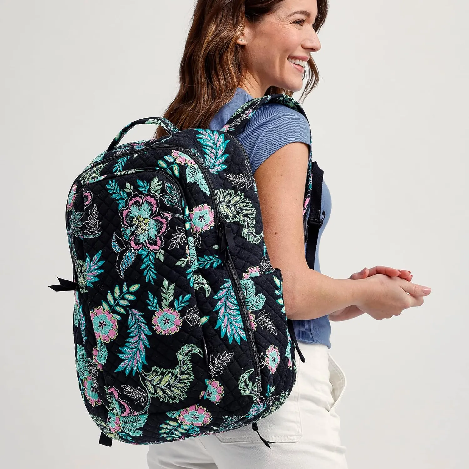 Vera Bradley Women's, Cotton Large Travel Backpack Travel Bag, Perennials Noir Dot, One Size