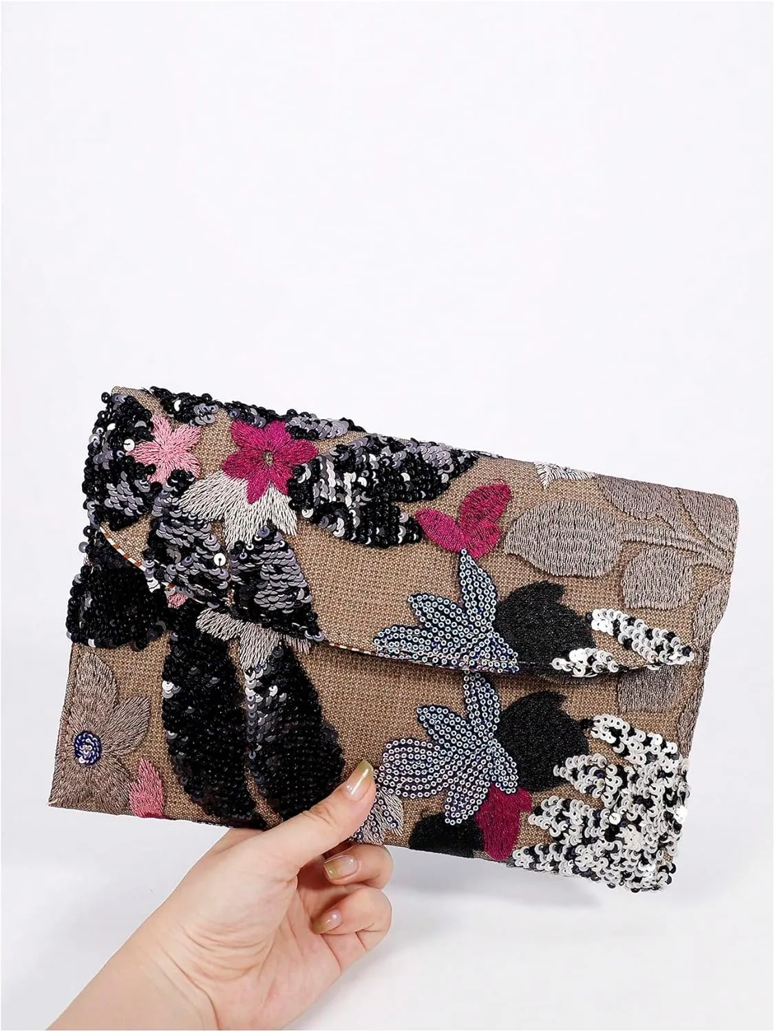 Verdusa Women's Floral Embroidery Sequin Evening Clutch Bags Party Purses