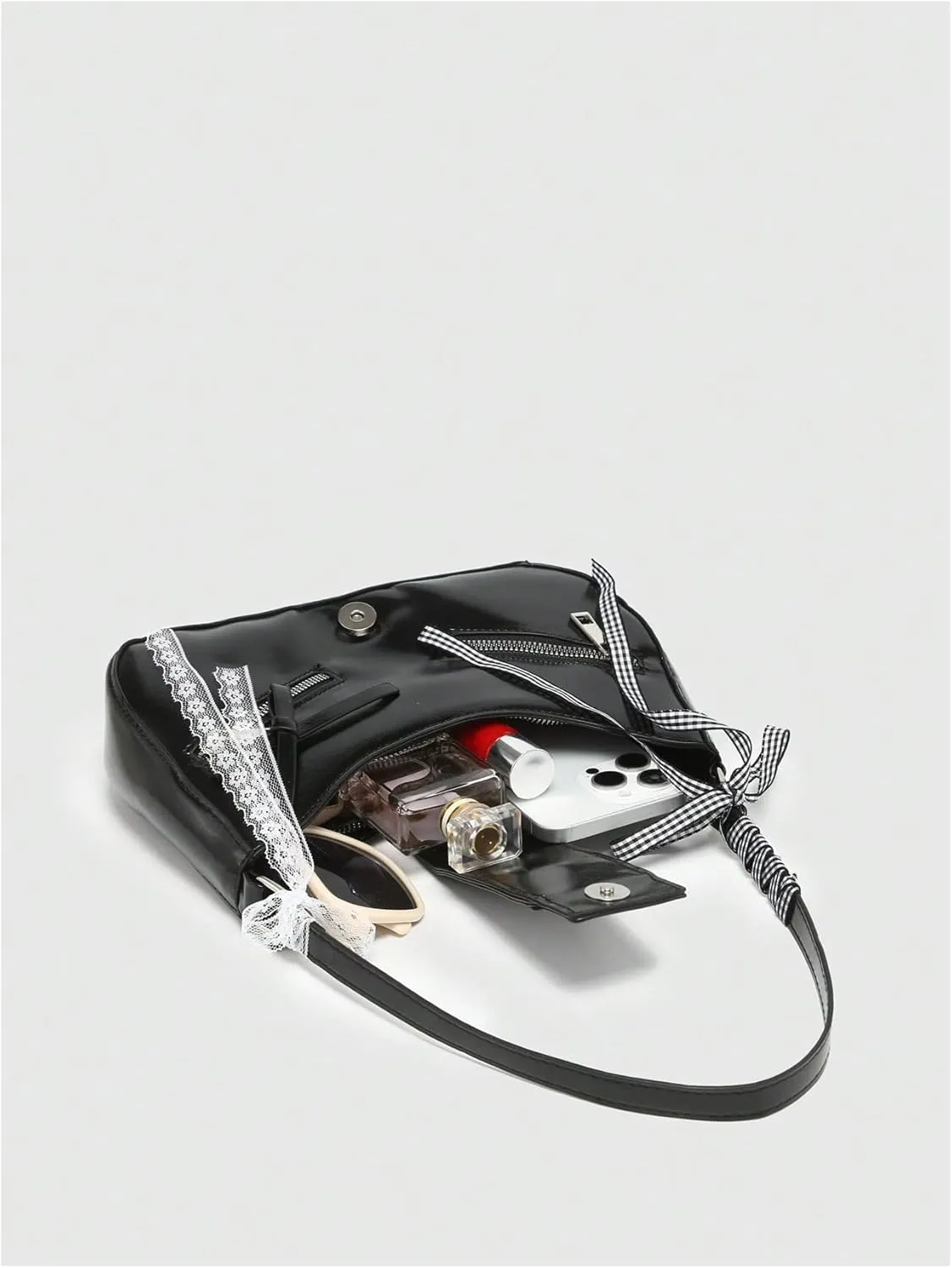 Verdusa Women's Y2K Coquette Bow Tie Vintage Shoulder Bags Lace PU Leather Kawaii Purse Handbag