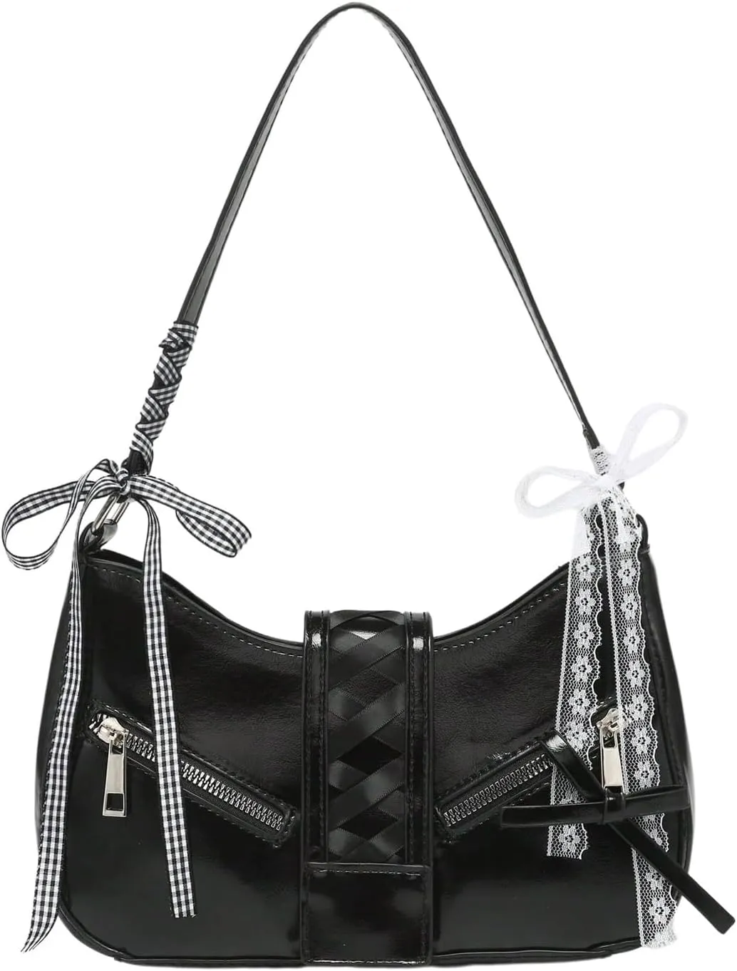 Verdusa Women's Y2K Coquette Bow Tie Vintage Shoulder Bags Lace PU Leather Kawaii Purse Handbag