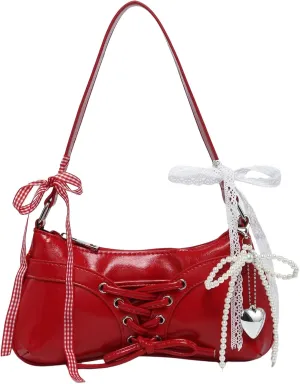 Verdusa Women's Y2K Coquette Bow Tie Vintage Shoulder Bags Lace PU Leather Kawaii Purse Handbag