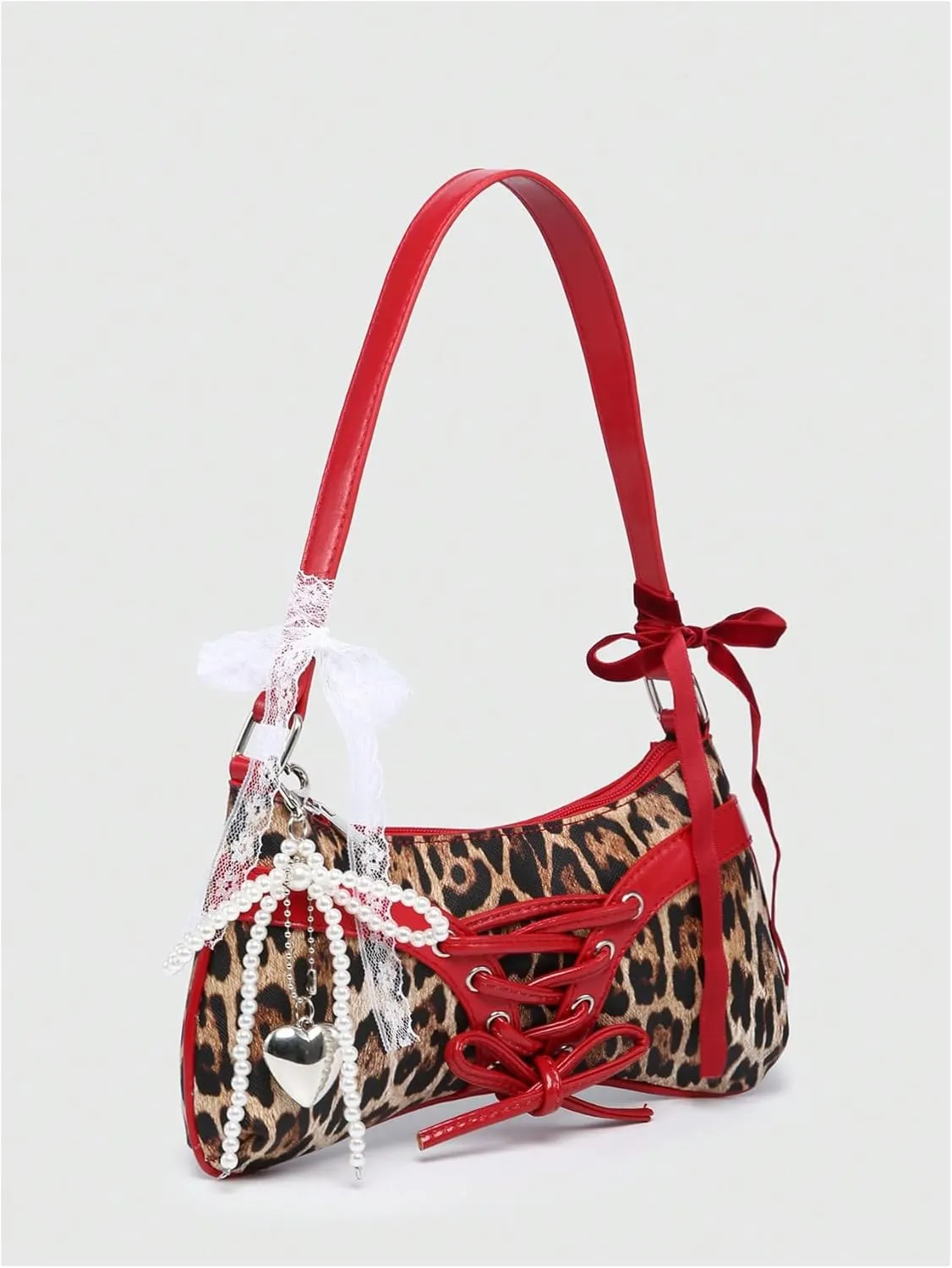 Verdusa Women's Y2K Coquette Bow Tie Vintage Shoulder Bags Lace PU Leather Kawaii Purse Handbag
