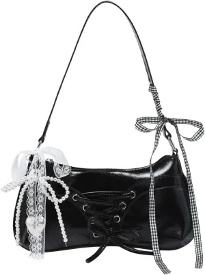 Verdusa Women's Y2K Coquette Bow Tie Vintage Shoulder Bags Lace PU Leather Kawaii Purse Handbag