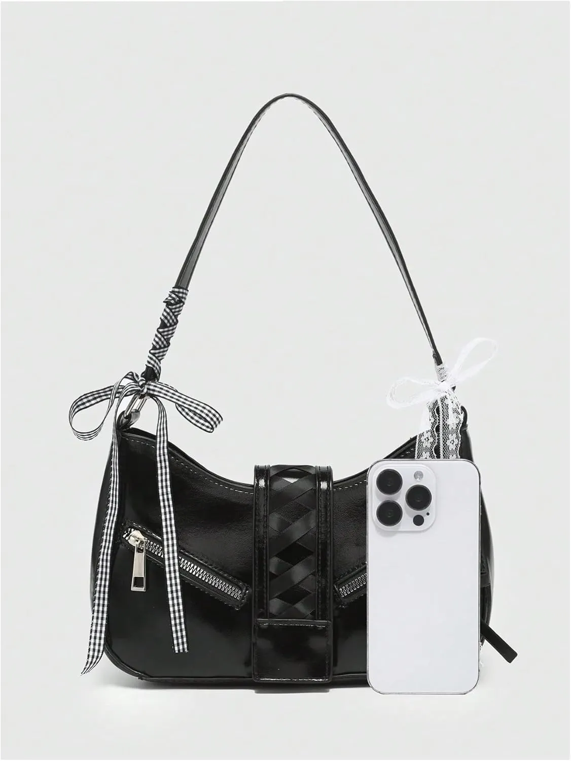 Verdusa Women's Y2K Coquette Bow Tie Vintage Shoulder Bags Lace PU Leather Kawaii Purse Handbag