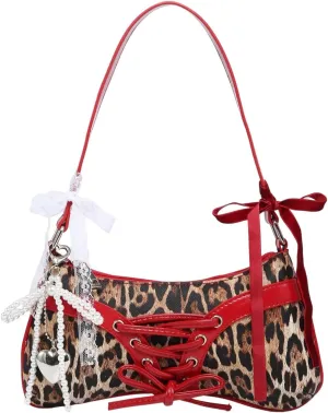 Verdusa Women's Y2K Coquette Bow Tie Vintage Shoulder Bags Lace PU Leather Kawaii Purse Handbag
