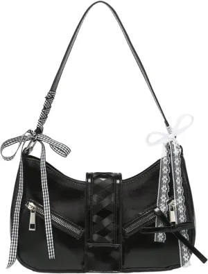 Verdusa Women's Y2K Coquette Bow Tie Vintage Shoulder Bags Lace PU Leather Kawaii Purse Handbag