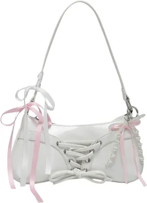 Verdusa Women's Y2K Coquette Bow Tie Vintage Shoulder Bags Lace PU Leather Kawaii Purse Handbag