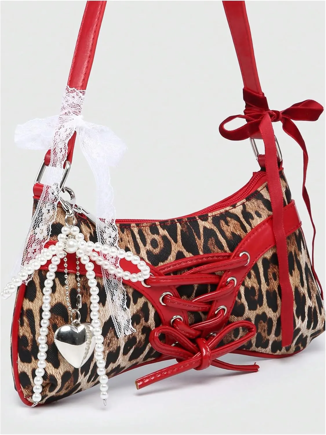 Verdusa Women's Y2K Coquette Bow Tie Vintage Shoulder Bags Lace PU Leather Kawaii Purse Handbag