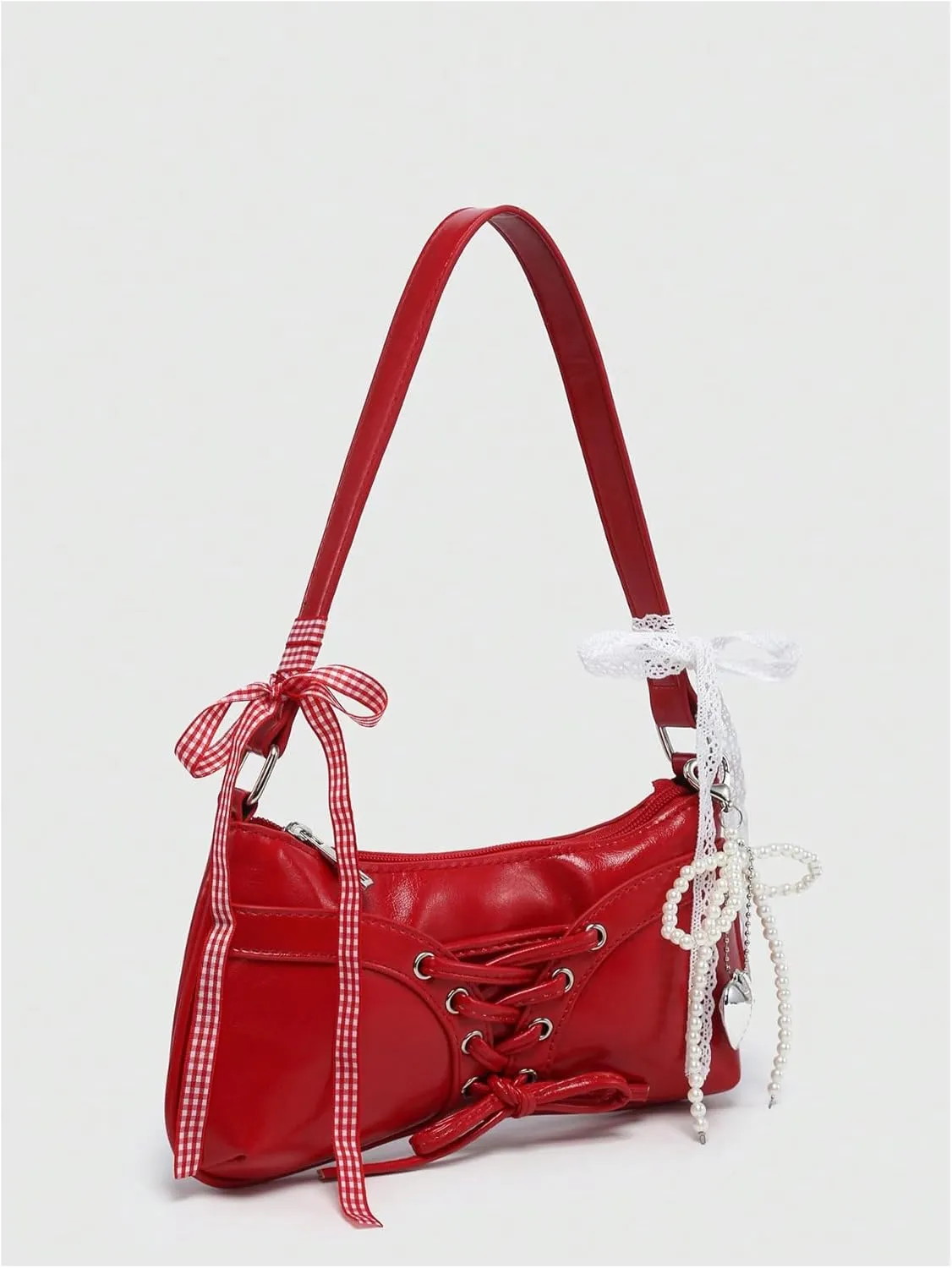 Verdusa Women's Y2K Coquette Bow Tie Vintage Shoulder Bags Lace PU Leather Kawaii Purse Handbag
