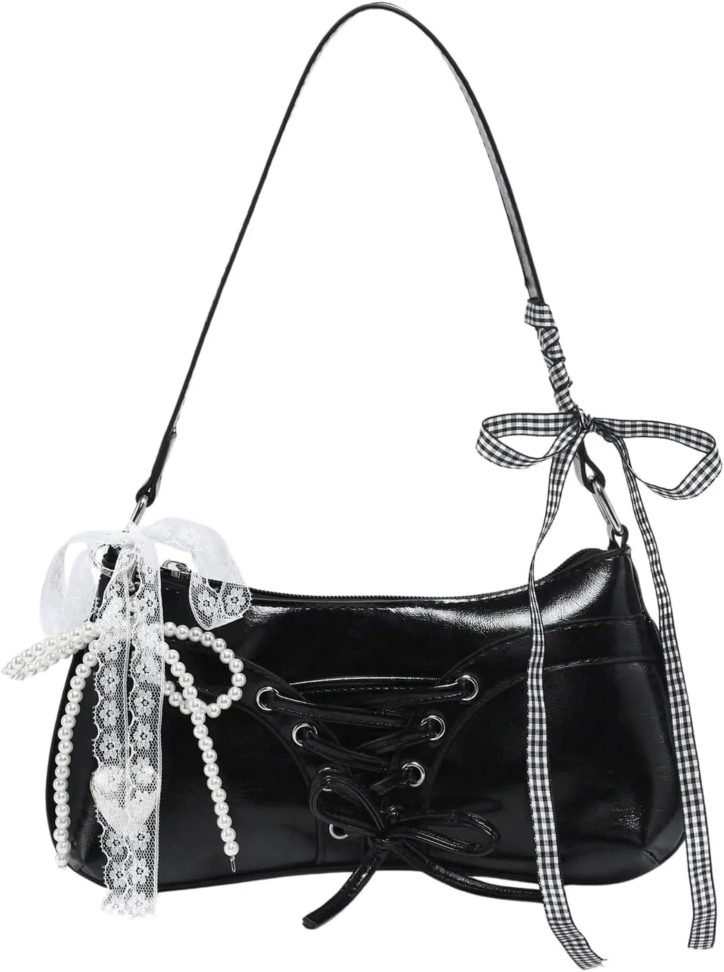 Verdusa Women's Y2K Coquette Bow Tie Vintage Shoulder Bags Lace PU Leather Kawaii Purse Handbag