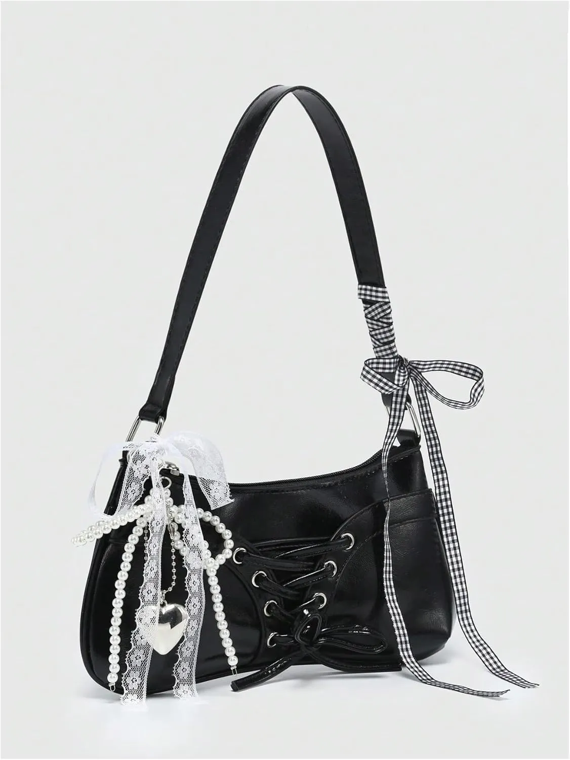 Verdusa Women's Y2K Coquette Bow Tie Vintage Shoulder Bags Lace PU Leather Kawaii Purse Handbag