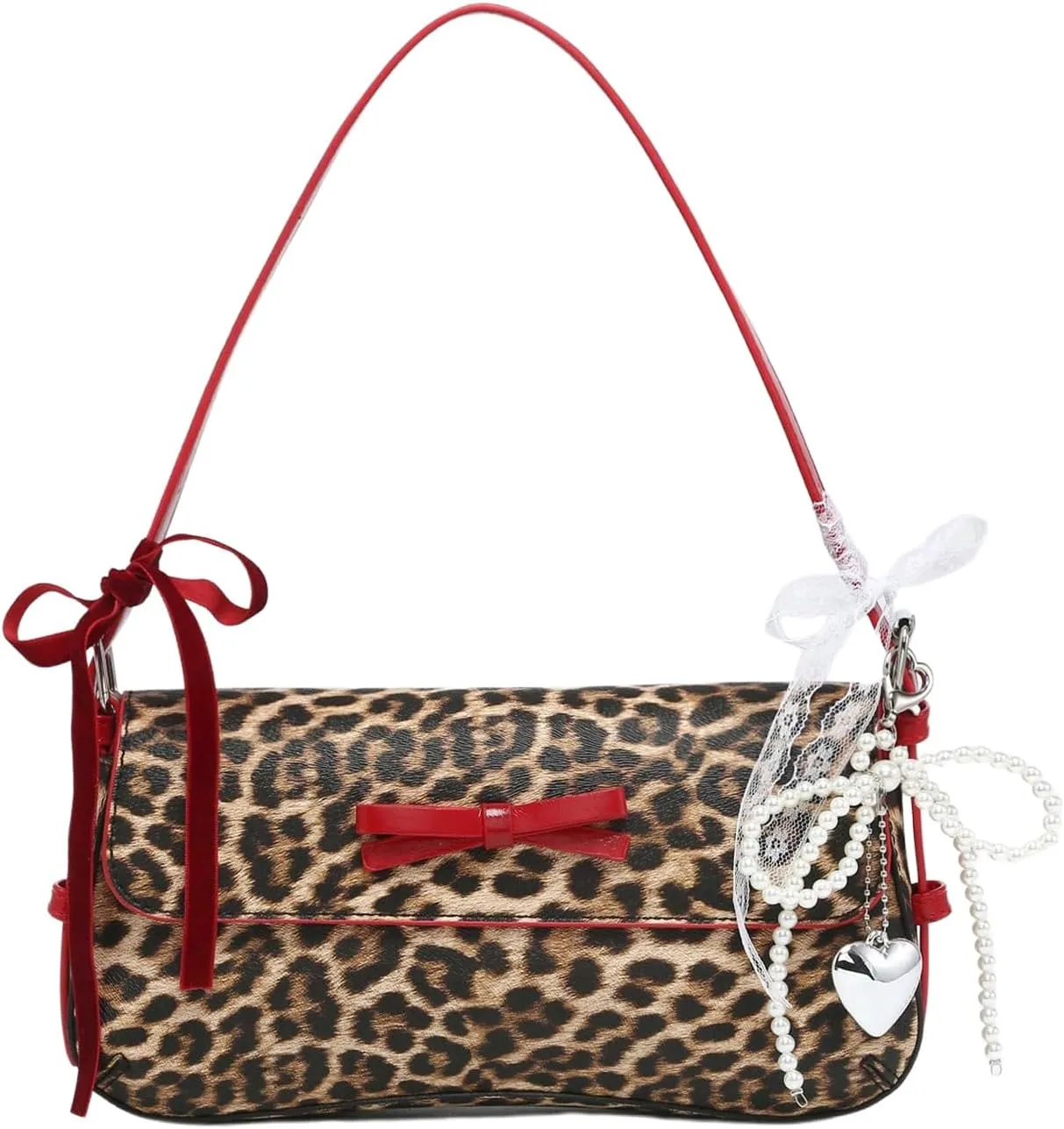 Verdusa Women's Y2K Coquette Bow Tie Vintage Shoulder Bags Lace PU Leather Kawaii Purse Handbag