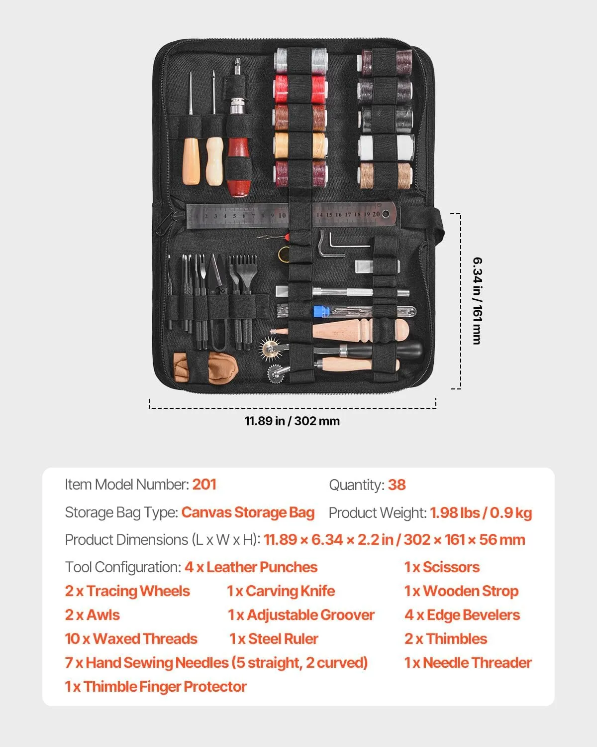 VEVOR Leather Working Tools Kit, 38 PCS Leather Craft Tools with Portable Canvas Storage Bag, Engraving Punching Sewing Stamping Cutting Tools, Ideal for Beginners DIY Enthusiasts and Professionals