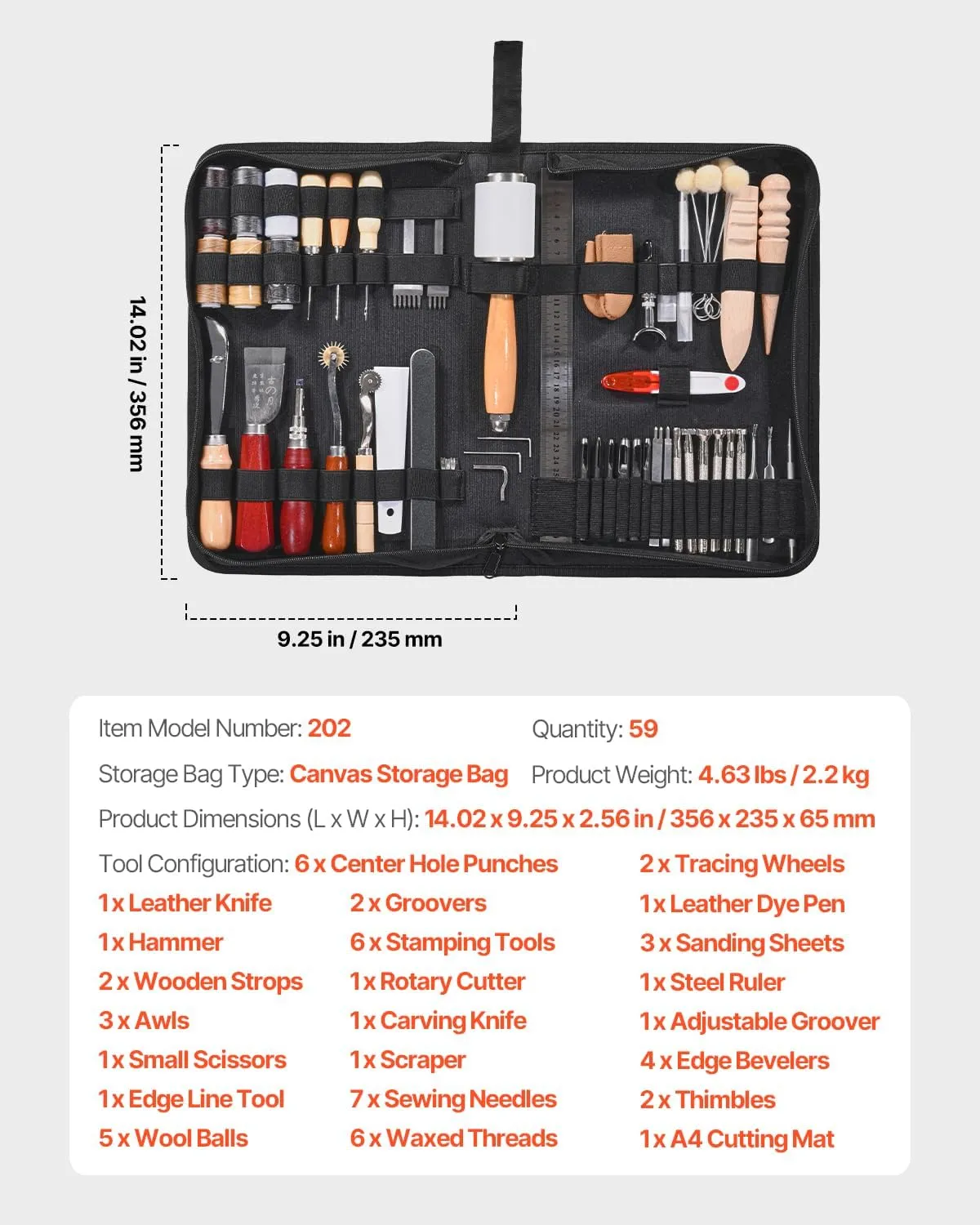 VEVOR Leather Working Tools Kit, 59 PCS Leather Craft Tools with Portable Canvas Storage Bag, Engraving Punching Sewing Stamping Sanding Tools, Ideal for Beginners DIY Enthusiasts and Professionals
