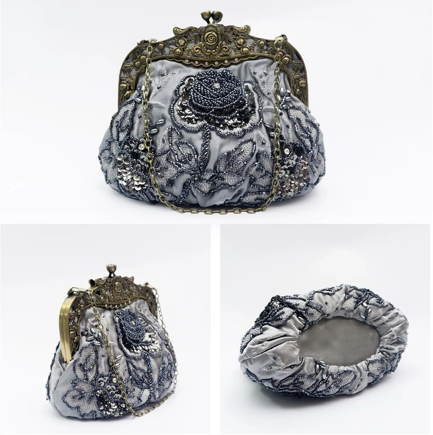 Vintage 1920s Beaded Evening Bag Pearl Clutch Bag for Women Bridal Wedding Purse Sequin Rhinestone Handbag