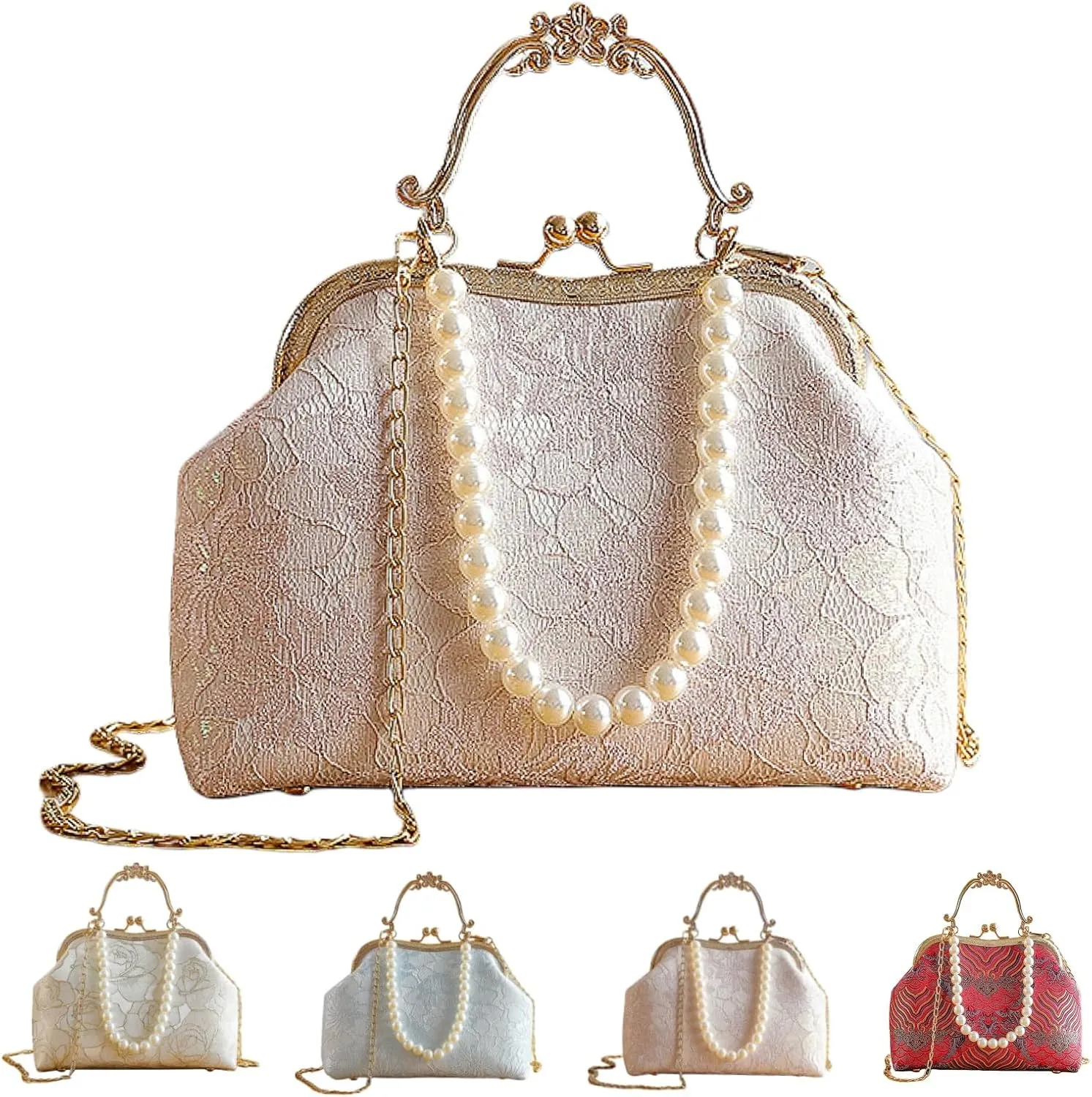 Vintage Chinese Lace Embroidery Pearl Crossbody Bag Evening Bag with Chain Strap for Women