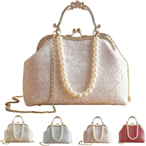 Vintage Chinese Lace Embroidery Pearl Crossbody Bag Evening Bag with Chain Strap for Women