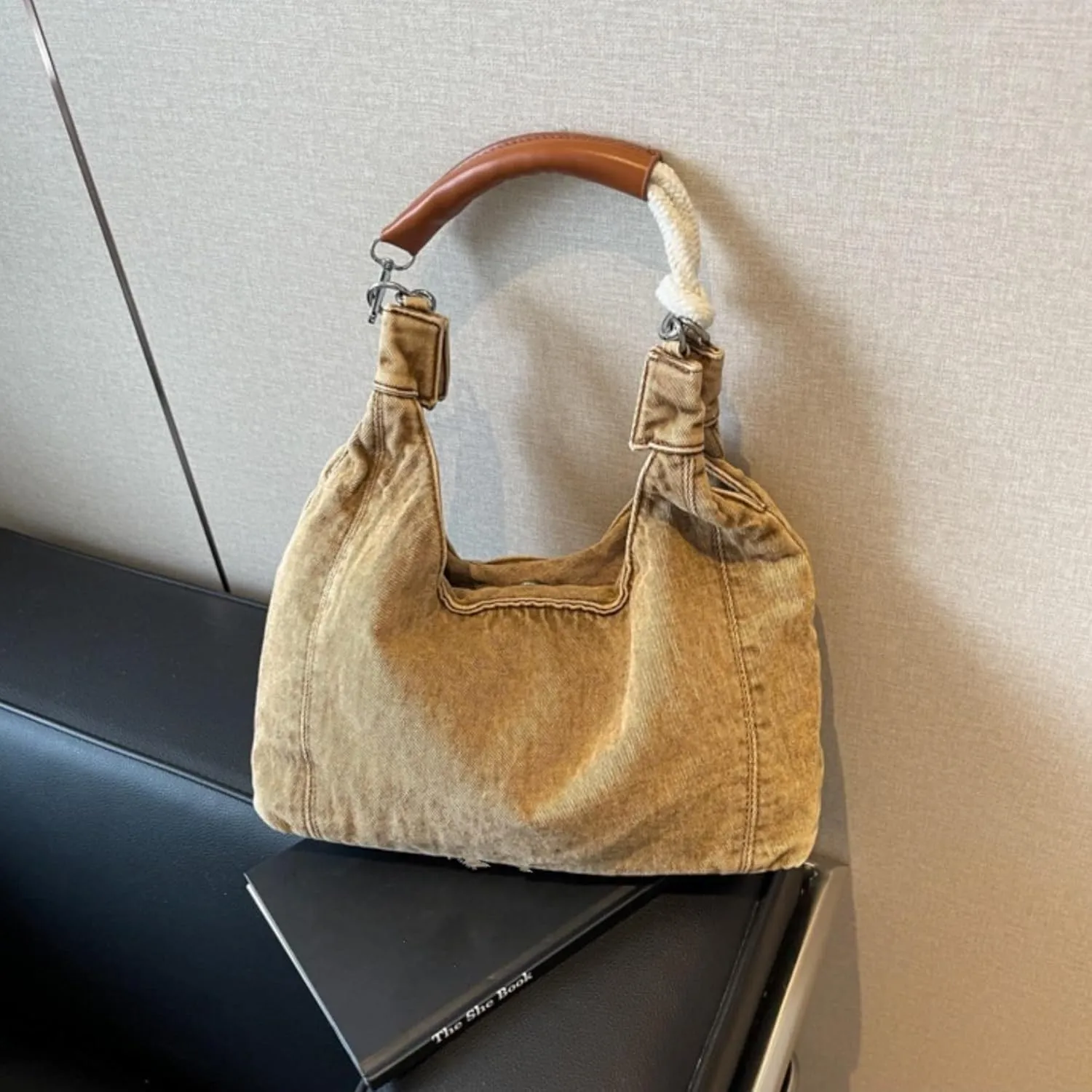 Vintage Denim Tote Handbag for Women Nostalgic Jean Shoulder Bag Purse Casual Top Handle Purse