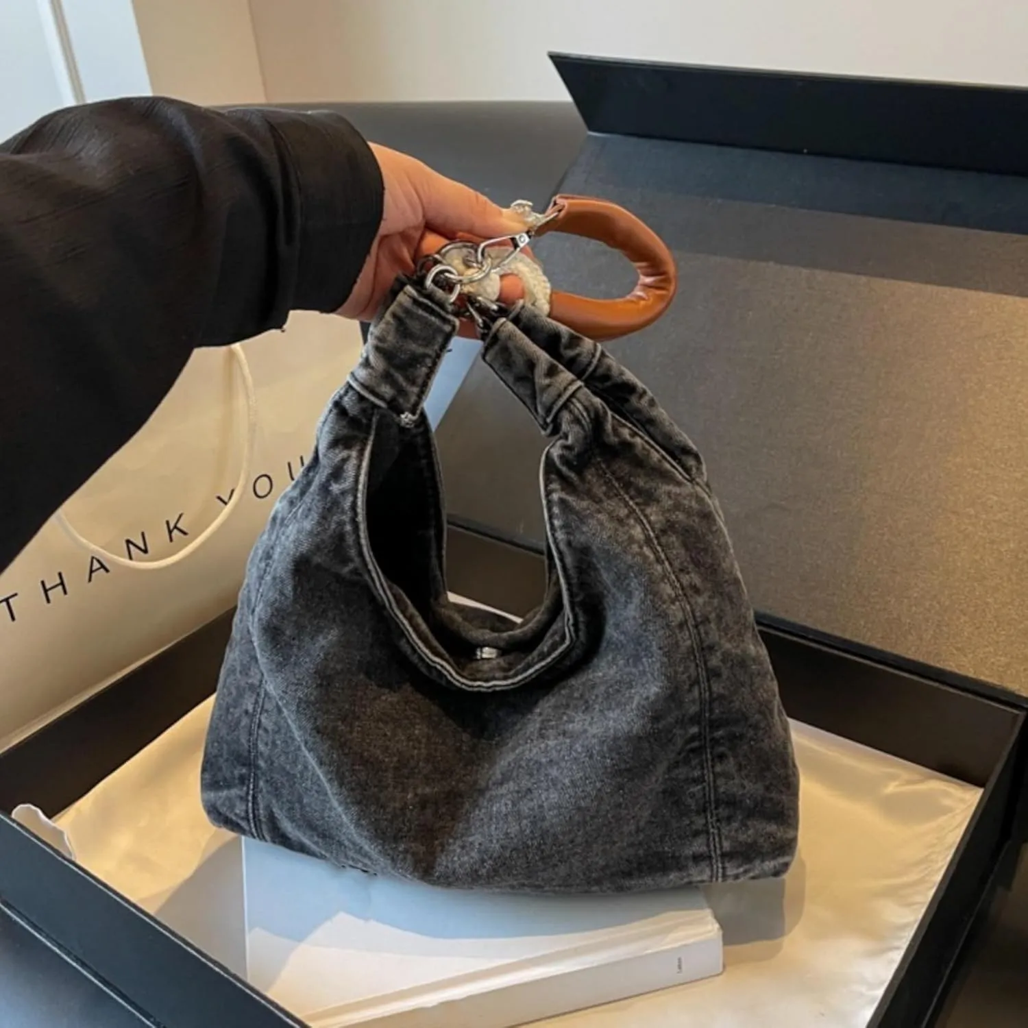 Vintage Denim Tote Handbag for Women Nostalgic Jean Shoulder Bag Purse Casual Top Handle Purse