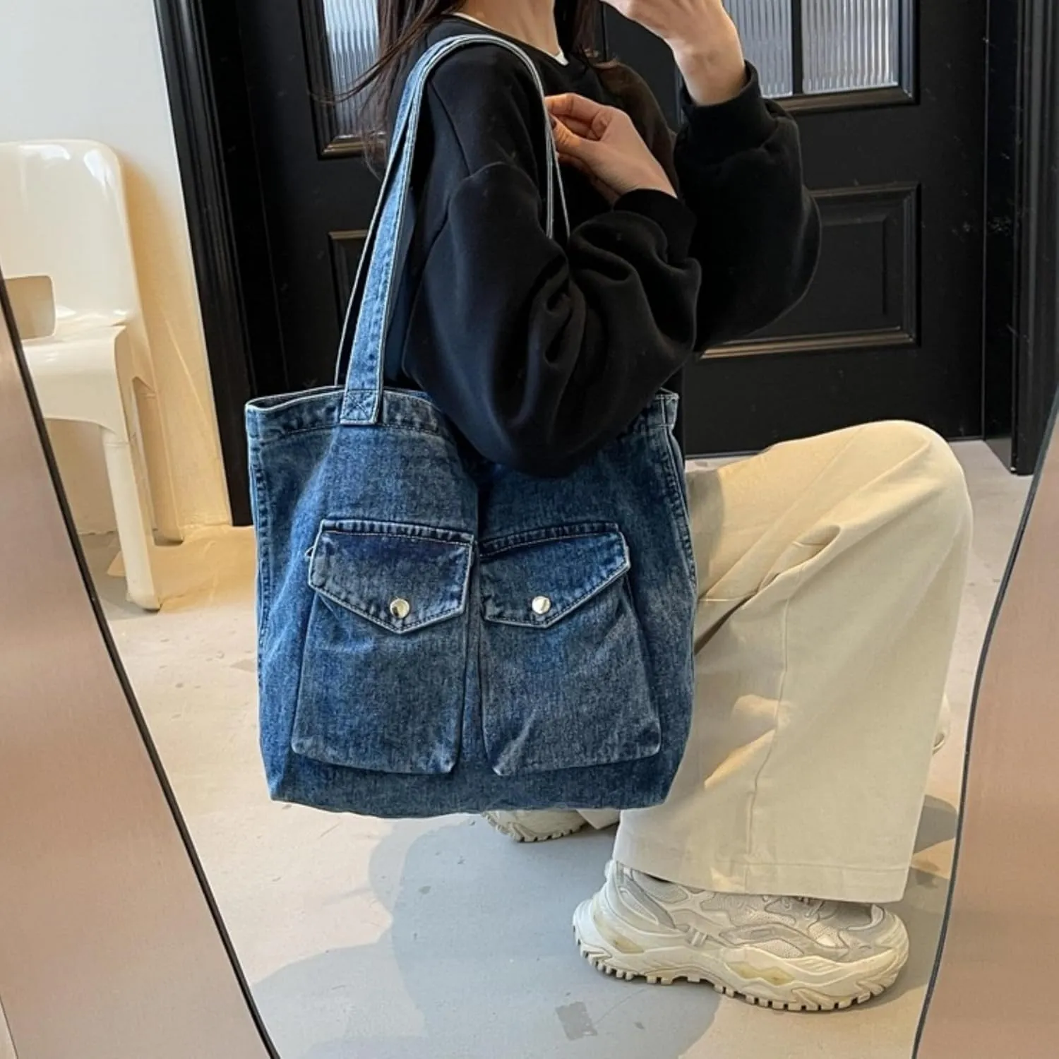 Vintage Denim Tote Handbag for Women Nostalgic Jean Shoulder Bag Purse Casual Top Handle Purse
