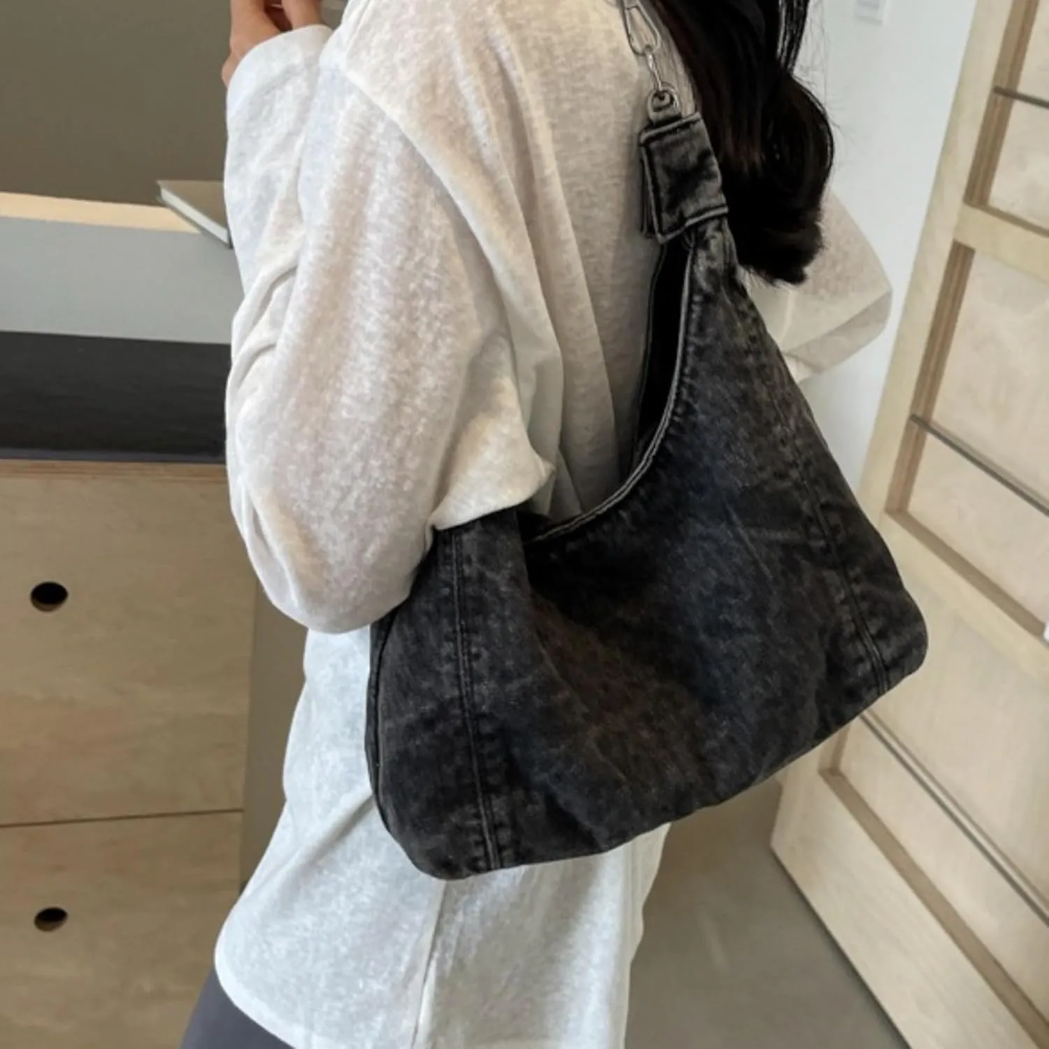 Vintage Denim Tote Handbag for Women Nostalgic Jean Shoulder Bag Purse Casual Top Handle Purse