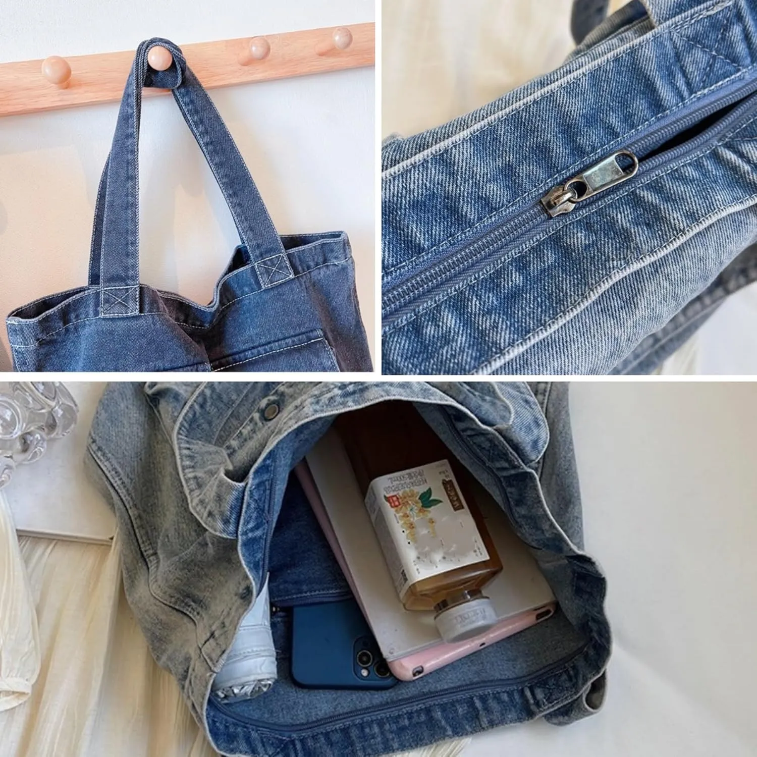 Vintage Denim Tote Handbag for Women Nostalgic Jean Shoulder Bag Purse Casual Top Handle Purse