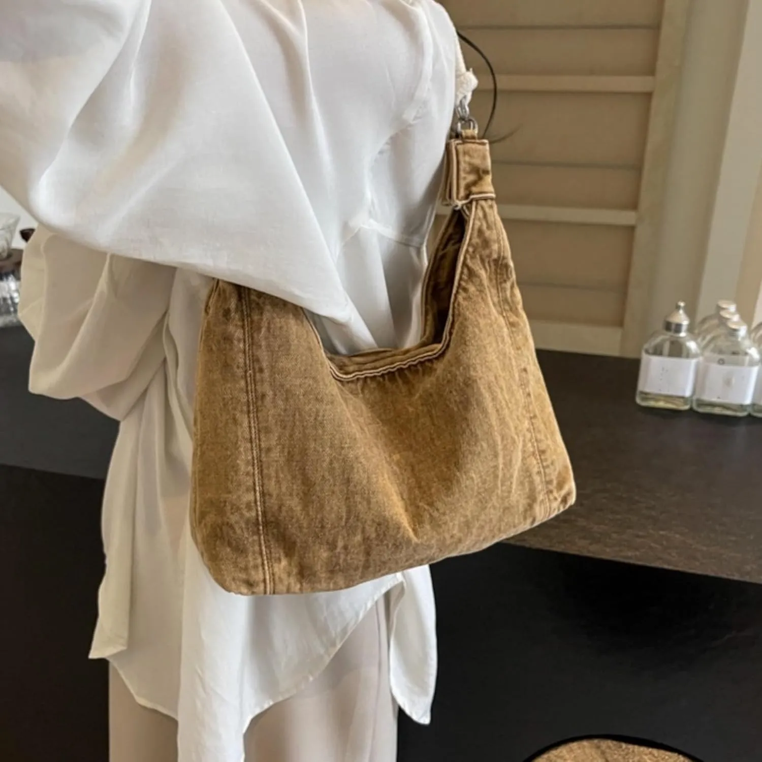 Vintage Denim Tote Handbag for Women Nostalgic Jean Shoulder Bag Purse Casual Top Handle Purse