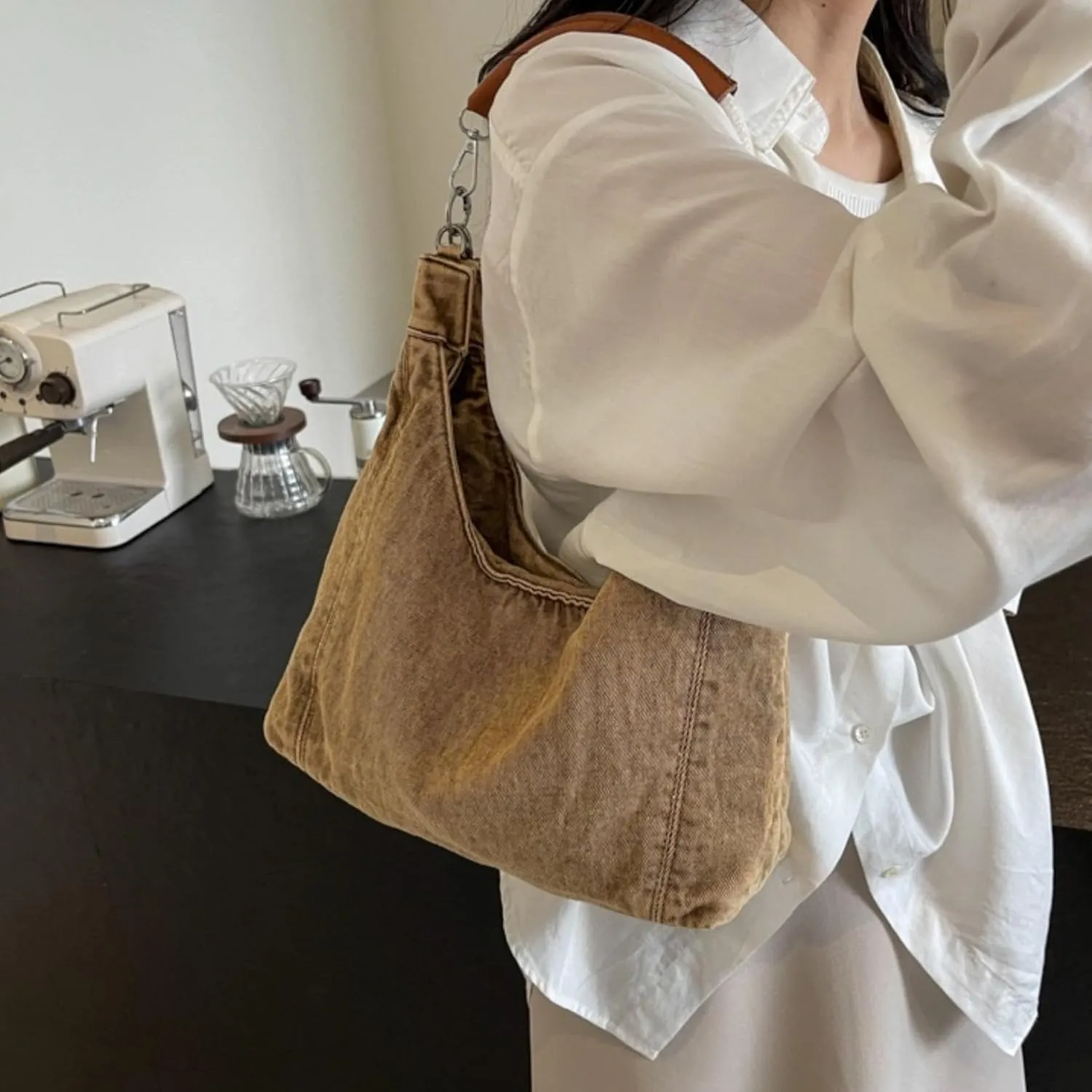 Vintage Denim Tote Handbag for Women Nostalgic Jean Shoulder Bag Purse Casual Top Handle Purse