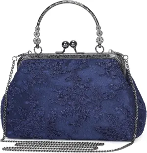Vintage Embroidery Lace Floral Clutch Purse for Women Formal Evening Bag Kiss Lock Handbag Wedding Cocktail Party Purse